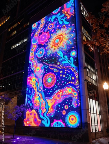 Design a captivating mural featuring bioluminescent patterns on a building facade to transform the cityscape at night Present the rear view of the artwork to showcase how it adds a touch of enchantmen photo