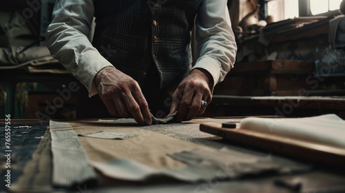 A man in a vest and tie cutting a piece of paper. Suitable for business and office concepts