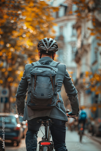 Selective focus of Male businessman riding a bicycle in the city.