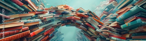 Illustrate a birds-eye view scene of an intricate network of bridges made of books, each representing a different language and culture Show the books connecting and intertwining, symbolizing the way l