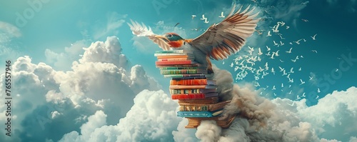 Design a visually captivating image of a majestic bird in flight, carrying a stack of books representing different cultures Include elements symbolizing diverse languages and literature to emphasize t