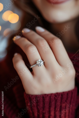 Close-up of a diamond ring on a woman's ring finger.