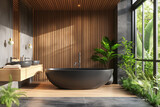 Luxury Spa-Like Bathroom with Sleek Design and Natural Elements. Contemporary Zen Bathroom with Wooden Slats and Lush Greenery