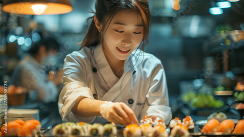 Selective focus of Asian female chef Making sushi at the bar in a Japanese restaurant.