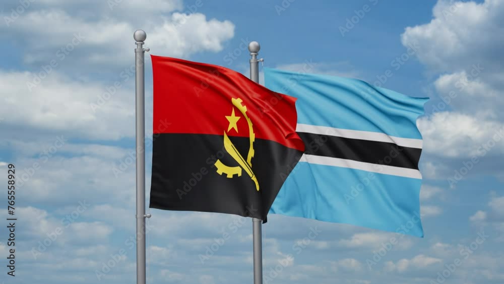 Botswana and Angola two flags waving together, looped video, two country relations concept Botswana and Angola two flags waving together, looped video, two country relations concept