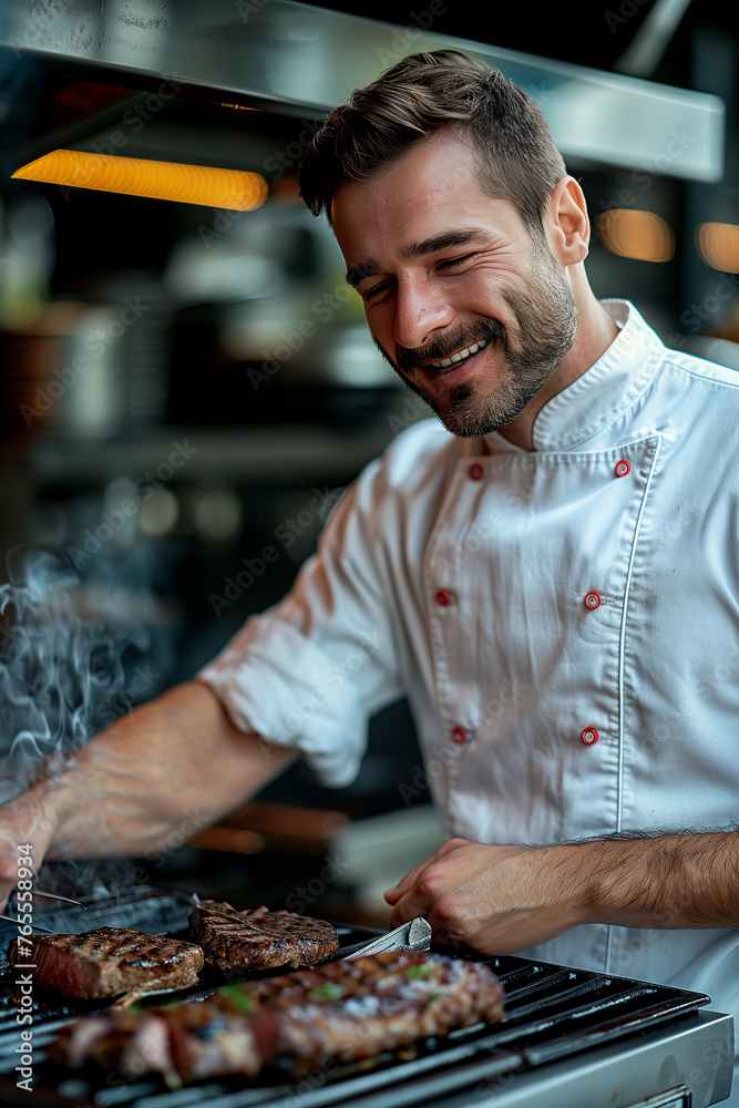 Selective focus of Caucasian male chef grilling steak on the grill at the bar in the restaurant.