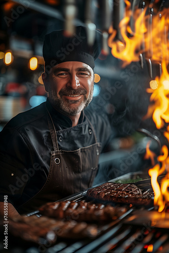 Selective focus of Caucasian male chef grilling steak on the grill at the bar in the restaurant.
