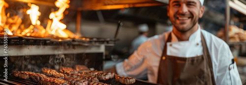 Selective focus of Caucasian male chef grilling steak on the grill at the bar in the restaurant.
