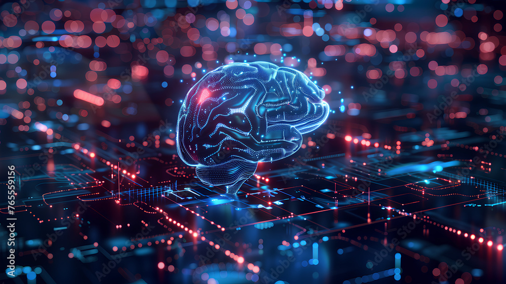 Neural Network Brain Concept on Digital Circuitry
. A 3D brain model with neural network connections on a dynamic digital circuit board, symbolizing advanced computing intelligence.
