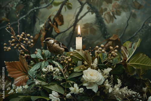 Candle surrounded by arranged leaves and white flowers, with a forest landscape and bird in the background , front view