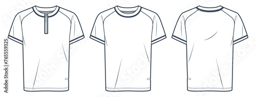  Tee Shirt fashion flat flat technical drawing template. Raglan Sleeve T Shirt technical fashion Illustration, relaxed fit, short sleeve, front and back view, white, women, men, unisex CAD mockup set.