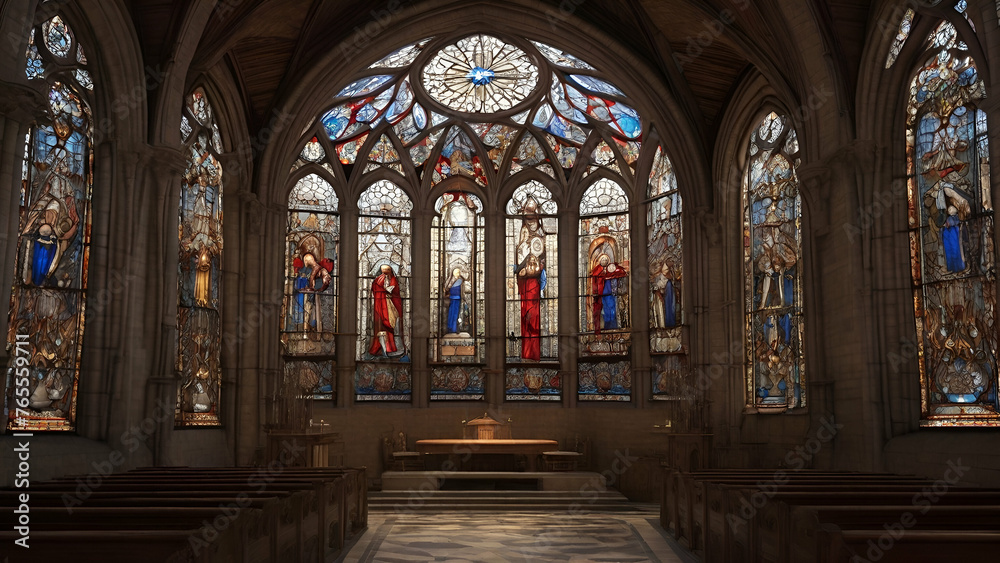 Majestic Gothic basilica, symbol of spirituality, illuminated by stained glass generated by AI