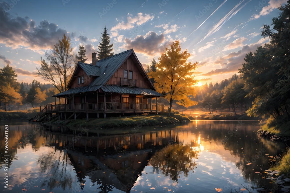 Sunset house on lake