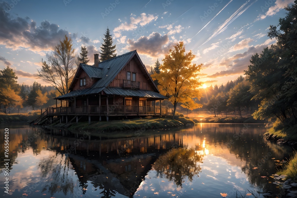 Fototapeta premium Sunset house on lake