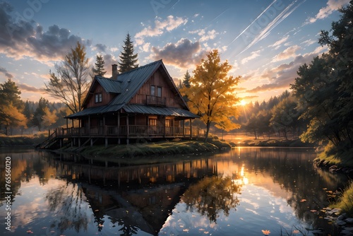 Sunset house on lake © Giggui