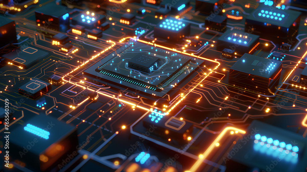 Advanced Microprocessor Technology on Electronic Circuit
. Macro shot of an advanced microprocessor with glowing orange and blue neon lights on an intricate electronic circuit board.
