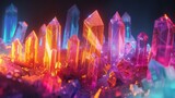 Captivating luminous crystal growths, standing in a mystical geometric landscape, emit dazzling colorful light.