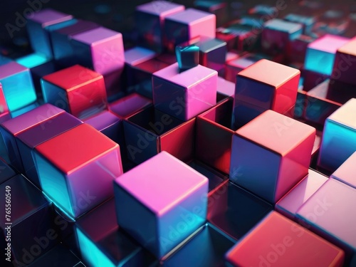 Abstract 3d cubes tech speed movement pattern design background concept  illuminating blue and orange neon glow  bokeh