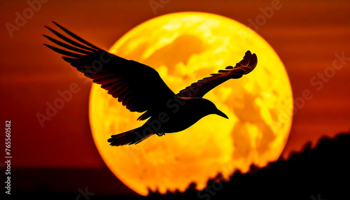 Silhouette of a flying bird on the background of the full moon