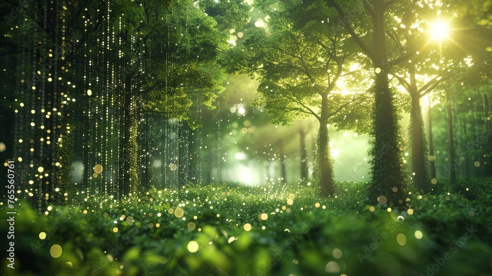 Fototapeta premium beauty of a forest bathed in the golden light of dawn, with magical glows that seem like fairies dancing among the trees, creating a serene and mystical atmosphere.