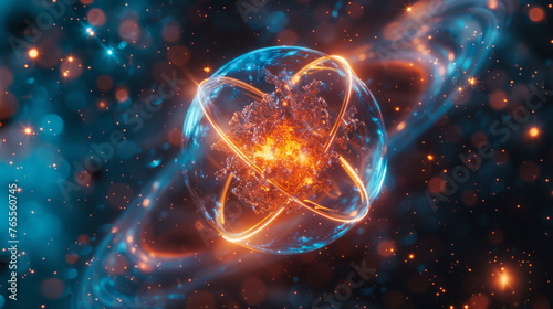 A vibrant abstract quantum realm with an atom-like structure at the center surrounded by energetic particles and subtle cosmic-like background.