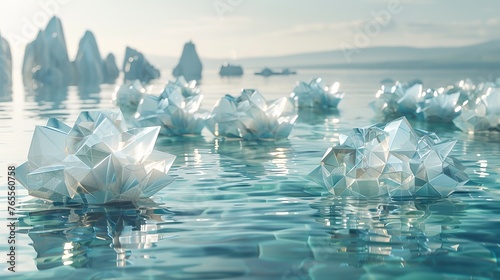 geometric crystal structures floating on the calm waters of a tranquil lake, with a soft mountainous backdrop under a clear sky.