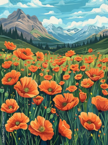 A painting featuring a vibrant field of assorted flowers with towering mountains in the distance under a clear sky