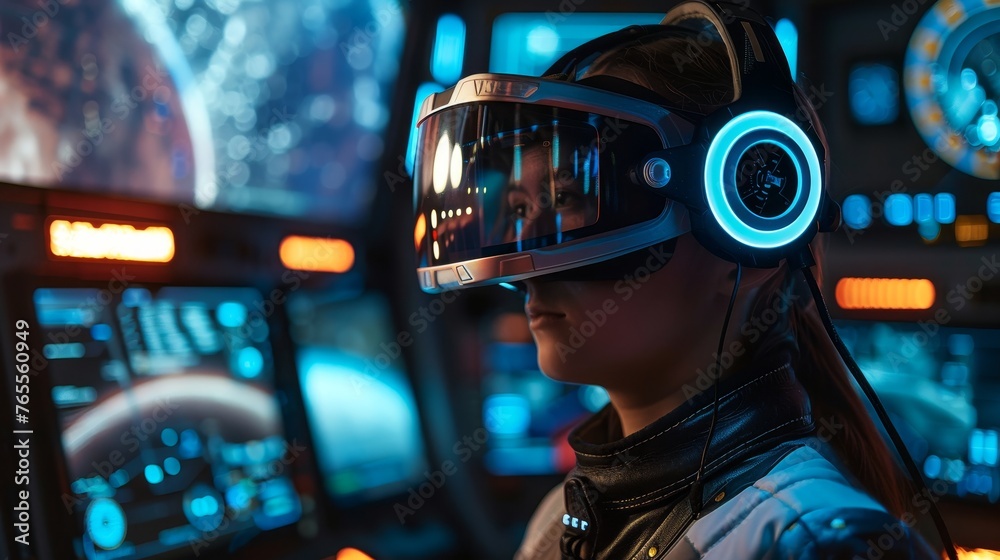 a person fully immersed in a virtual reality experience, surrounded by high-tech holographic interfaces and illuminated controls, representing the cutting-edge of interactive technology