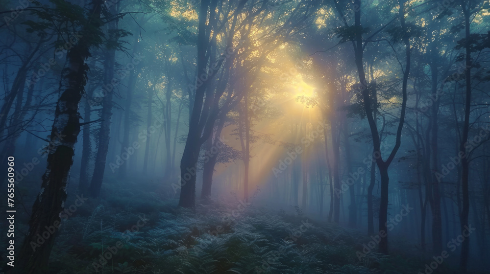 A mystical forest shrouded in fog with sun rays piercing through the canopy above and illuminating the undergrowth.