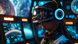 a person fully immersed in a virtual reality experience, surrounded by high-tech holographic interfaces and illuminated controls, representing the cutting-edge of interactive technology