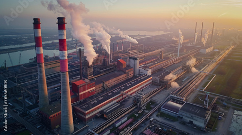 Aerial view of a large industrial complex with multiple smokestacks emitting vapor  captured during sunset with a warm sky backdrop and various manufacturing buildings lined up along a water channel.