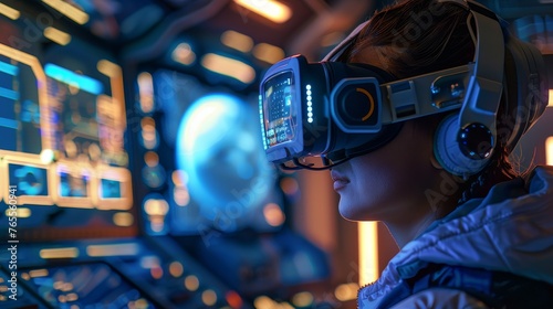 a person fully immersed in a virtual reality experience, surrounded by high-tech holographic interfaces and illuminated controls, representing the cutting-edge of interactive technology