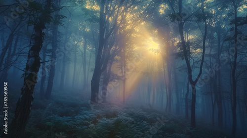 A mystical forest shrouded in fog with sun rays piercing through the canopy above and illuminating the undergrowth. © ChubbyCat