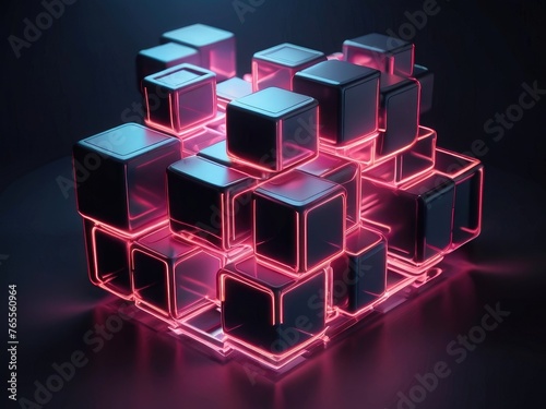 Abstract 3d cubes tech speed movement pattern design background concept  illuminating blue and orange neon glow  bokeh