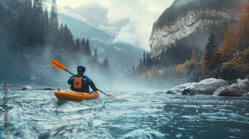 An adventurer in an orange kayak braves the choppy, spray-filled rapids of a mountain river, with misty mountains looming in the background