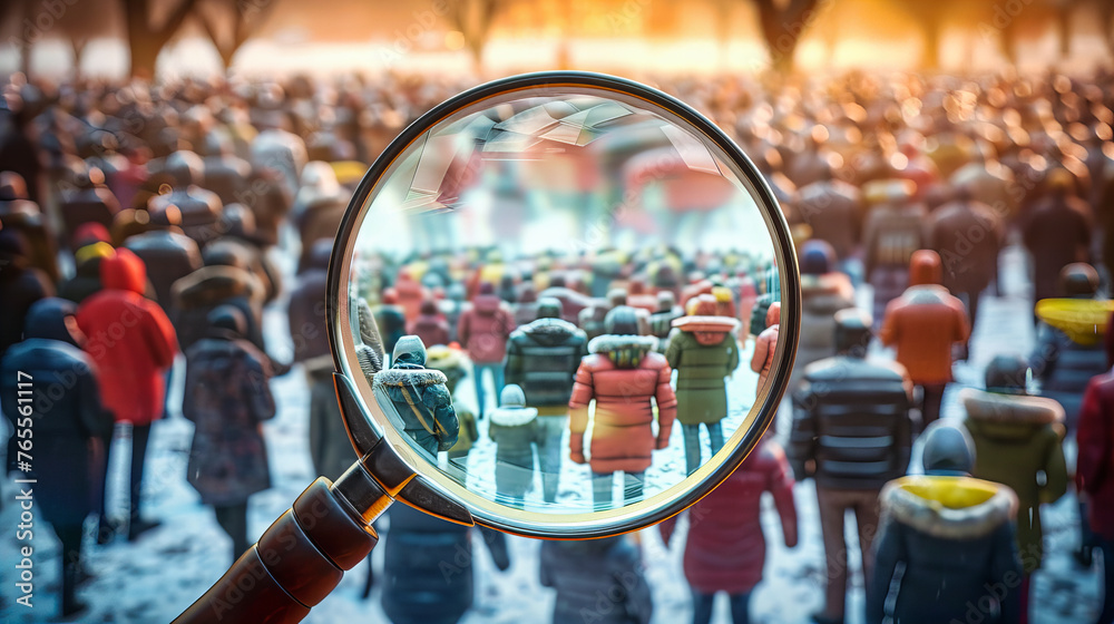Concept of Business Recruitment and Leadership, Person Selecting a Candidate with a Magnifying Glass, Team Management Concept of Business Recruitment and Leadership, Person Selecting a Candidate with a Magnifying Glass, Team Management