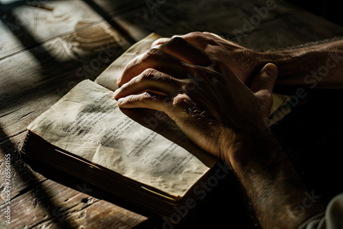 A close-up shot focuses on a pair of trembling hands nervously flipping through a journal in a dimly lit room The lighting casts dramatic shadows