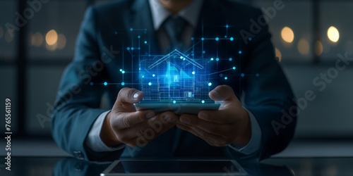 Concept for real estate investment. A businessman examines home and insurance loans for mortgages. mortgage for real estate on a virtual screen