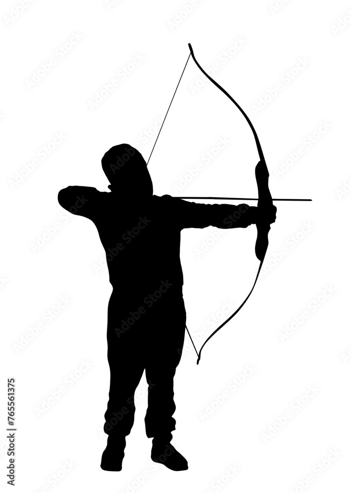 Archer boy vector silhouette illustration isolated on white background. Hunter hunting. Son teach to hold bow arrow. Kid wakes hunting instinct. Family child outdoor entertainment birthday present fun