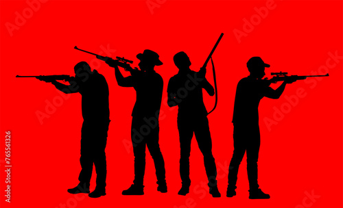 Outdoor hobby hunting people. Aiming hunter man sniper rifle vector silhouette illustration isolated. Soldier with rifle duty. Man shooter defends property. Military skill. Hunters crew shape shadow.
