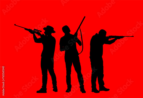 Outdoor hobby hunting people. Aiming hunter man sniper rifle vector silhouette illustration isolated. Soldier with rifle duty. Man shooter defends property. Military skill. Hunters crew shape shadow.