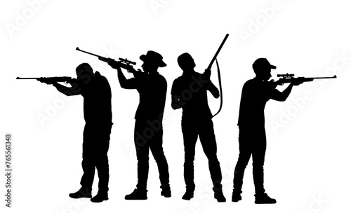 Outdoor hobby hunting people. Aiming hunter man sniper rifle vector silhouette illustration isolated. Soldier with rifle duty. Man shooter defends property. Military skill. Hunters crew shape shadow. photo