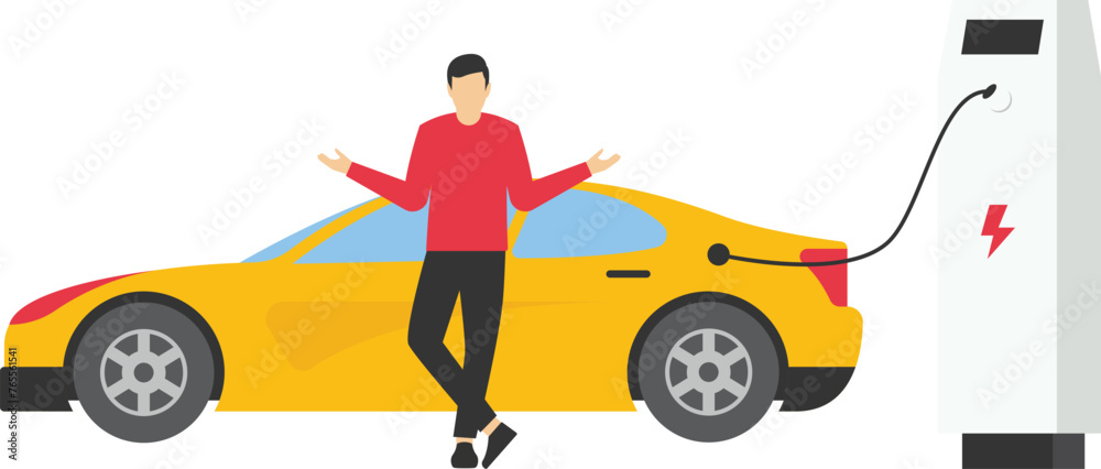 Electric car charging, front view. Ecologically clean transport, eco-city. Vector illustration
Electric car charging, front view. Ecologically clean transport, eco-city. Vector illustration