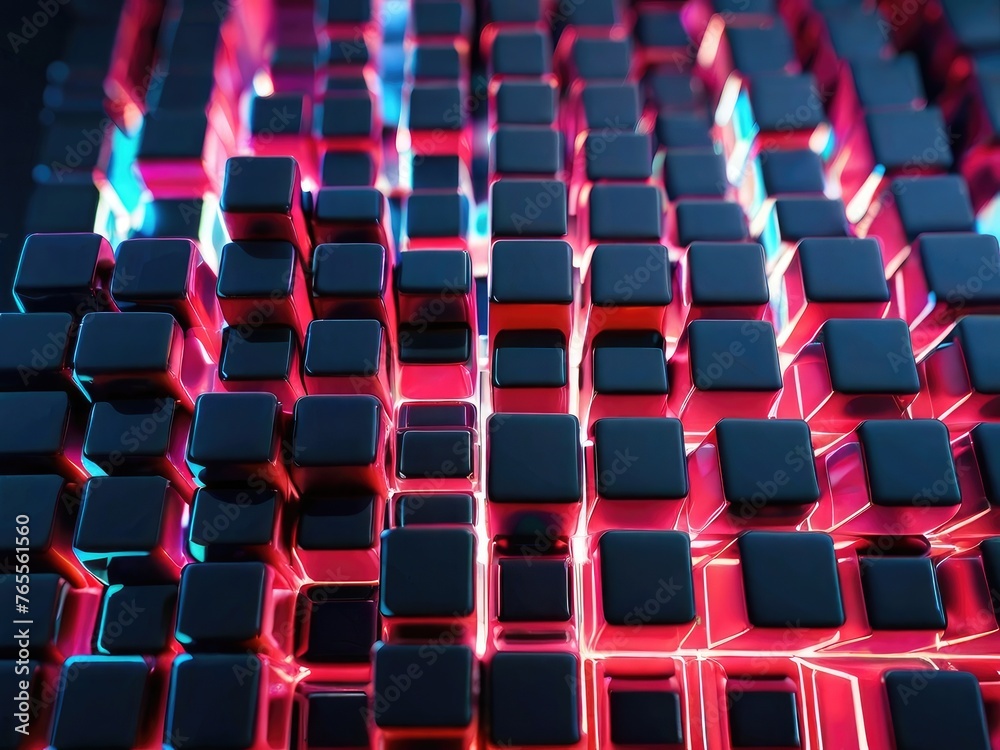 Fototapeta premium abstract black metallic faceted background, pink glowing neon light, square tiles, modern geometric texture, cyber network concept 