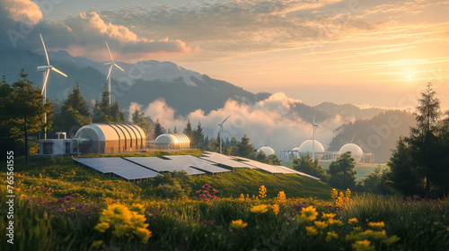 Solar panels and wind turbines harness renewable energy on a lush green hillside at sunrise, reflecting an eco-friendly future.