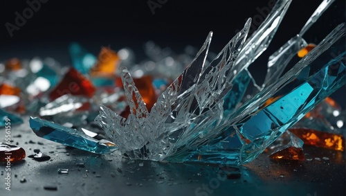 Broken glass on a black background. Shallow depth of field
