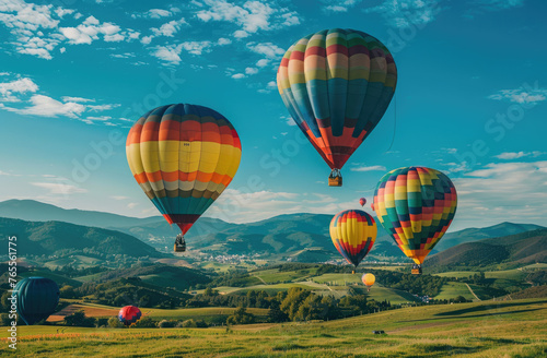 A photo of hot air balloons floating over green fields, with colorful panels on the balloon bodies, against the backdrop of mountains and clear blue skies