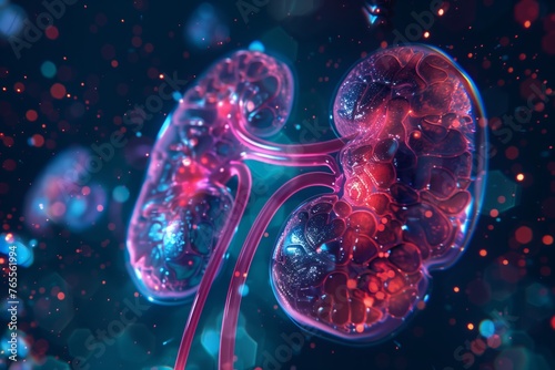 The complex structure of the renal system, enhanced by vibrant pink and blue neon lights that trace the kidneys' outline and the ureters.