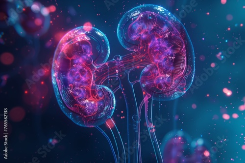 The complex structure of the renal system, enhanced by vibrant pink and blue neon lights that trace the kidneys' outline and the ureters. photo