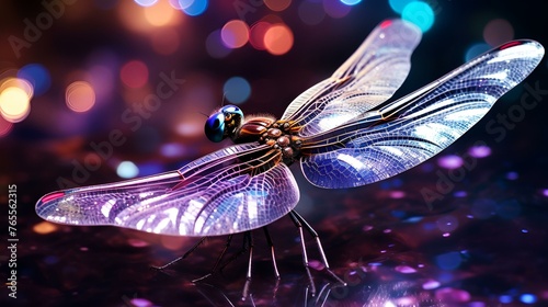 close up dragonfly on a neon background